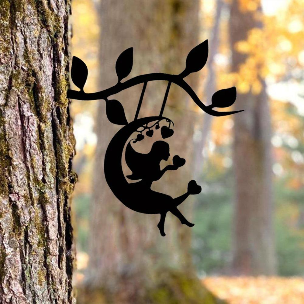 Swing Elf On Branch Steel Silhouette – Metal Wall Art for Home, Garden, Outdoor Statue Stake Decoration, Ideal for Birthdays