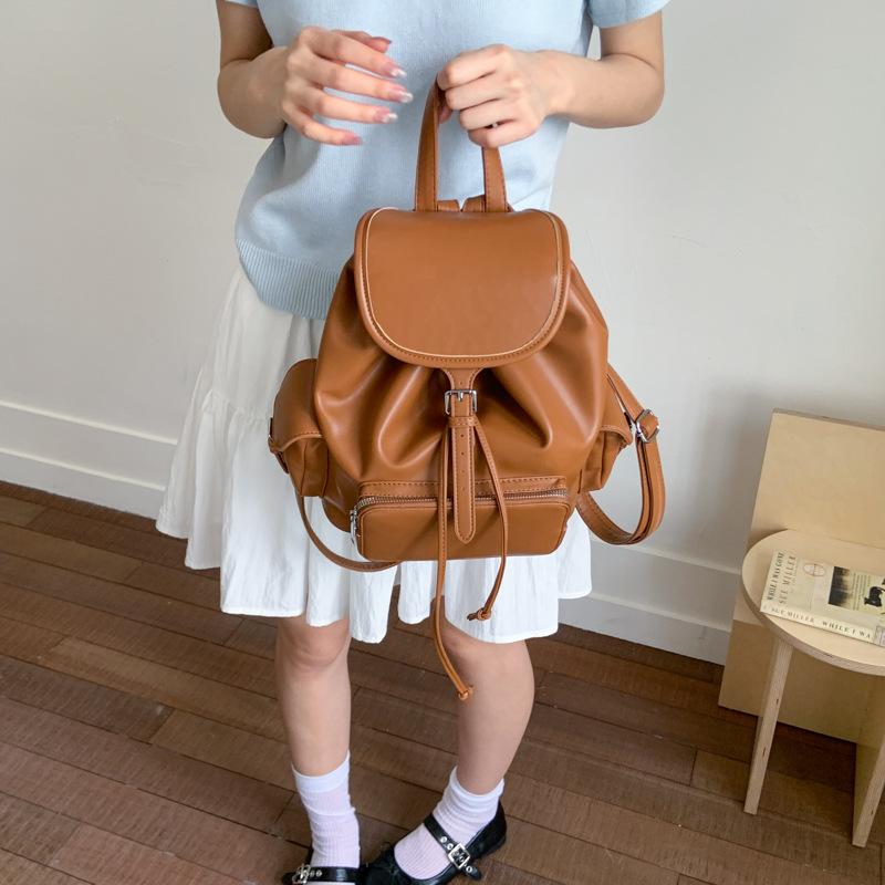 Simple and Fashionable Soft Leather Backpack Bag 2025 Summer New Large-capacity Backpack College Student Drawstring Schoolbag Women's Bag