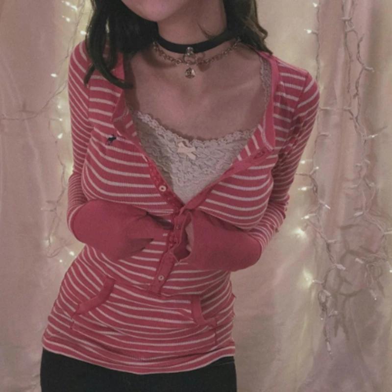 

Футболки Y2k для женщин Винтажные полосатые на пуговицах с V-образным вырезом и длинным рукавом Топы с карманом Одежда в стиле фейри-гранж 2000-х годов Уличная одежда S