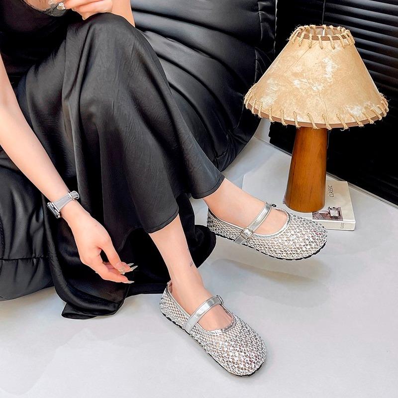 Fashion Cutout Mesh Mary Jane Women's Shoes Summer New Fashion Rhinestone Round Toe Mesh Breathable Strap Flat Single Shoes