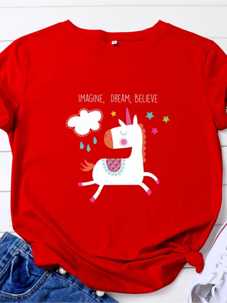 Imagine Dream Believe Horse Print Women T Shirt Short Sleeve O Neck Loose Women Tshirt Ladies Tee Shirt Tops Camisetas Mujer