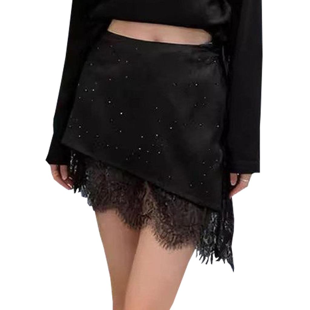 Rhinestone Lace Hem Skirt Extender, Irregular Wrap Waist Apron for Jeans