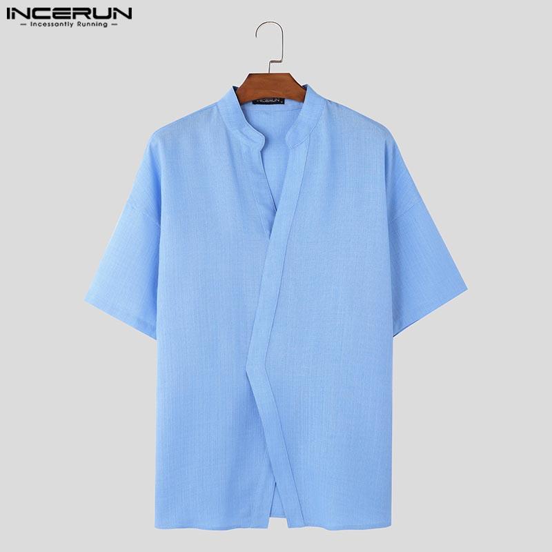 INCERUN Tricou de vară pentru bărbați, cu guler în V, mânecă scurtă, încrucișat în față, casual, semi-transparent, topuri 