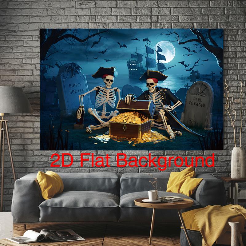 Party Backdrop Halloween Pirate Moon Skeleton Treasure Chest Flat Spooky Night Photo Background Decor Outdoor Party Decor