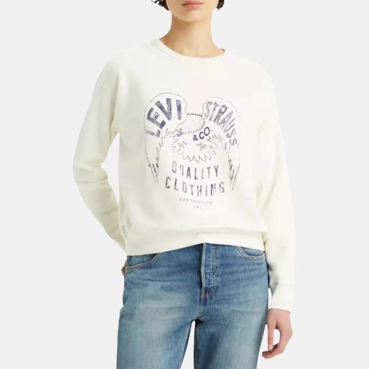 Levis Crew Neck Pullover Logo Embroidery Print Long Sleeve Sweatshirt Women Sweatshirt White A7288-0012