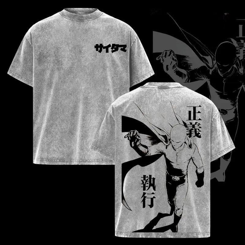 Hot Anime ONE PUNCH-MAN Saitama Print T-shirt Men Women Short Sleeve Clothing Cotton Tshirt Retro Washed T Shirt Harajuku Tops