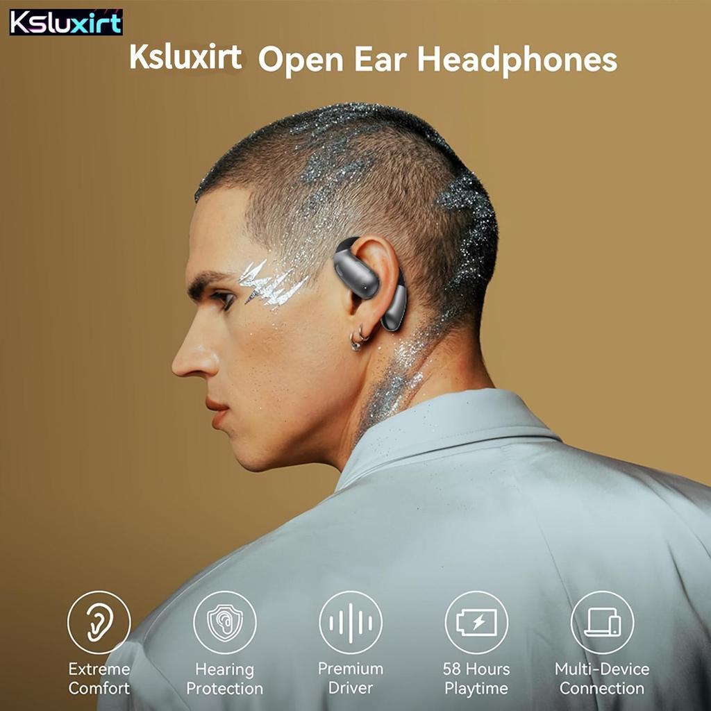 Ksluxirt ear mounted wireless Bluetooth headset, high fidelity sound, 56 hours of playback, IPX4 waterproof, safe fit, all-day comfort