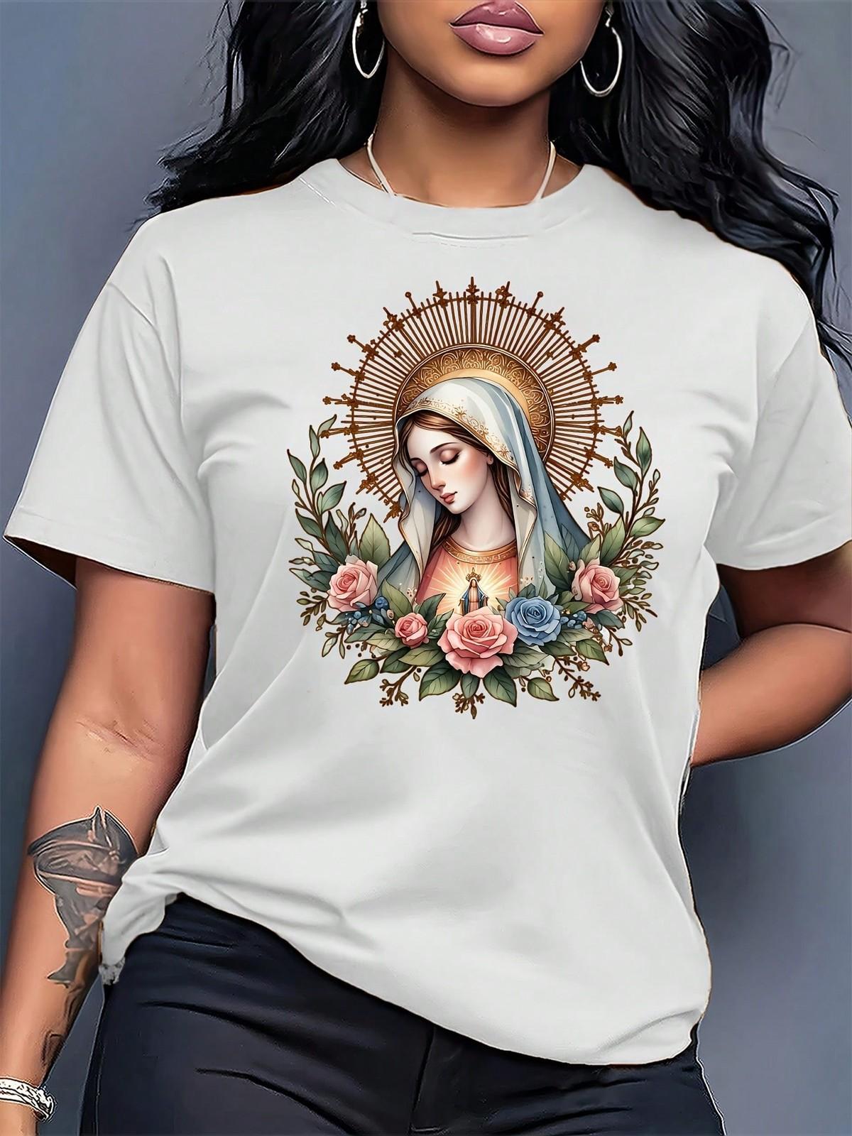 Women s Short-Sleeve Top With Virgin Mary Floral Print, Round Neck XXXL