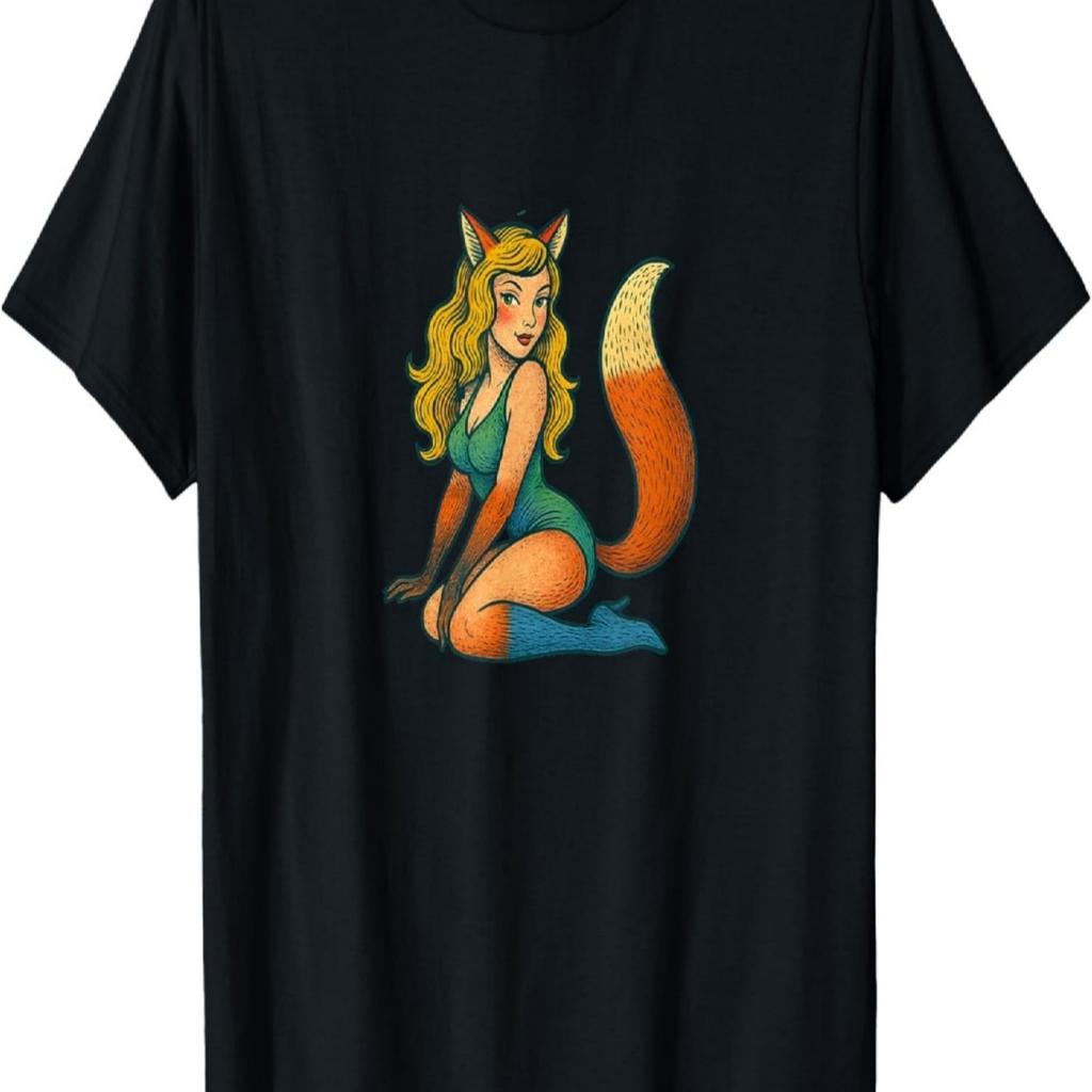 Fox Girl Pinup Retro Style Halloween Cosplay Anime Aesthetic T-Shirt(1)