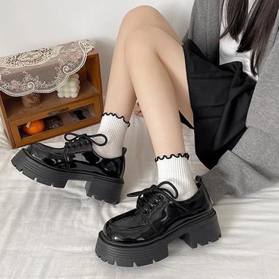 Patent Leather Platform Loafers Women  Black Casual Lace Up Oxford Shoes Woman Black Thick Bottom Mary Janes Shoes Female