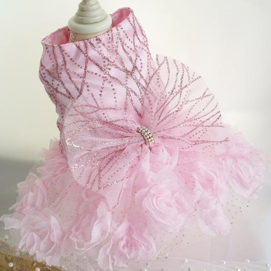 Pet Dress Bow Tie 3D Flowers Sequins Rhinestone Decor Breathable Mesh Pomeranian Chihuahua Puppy