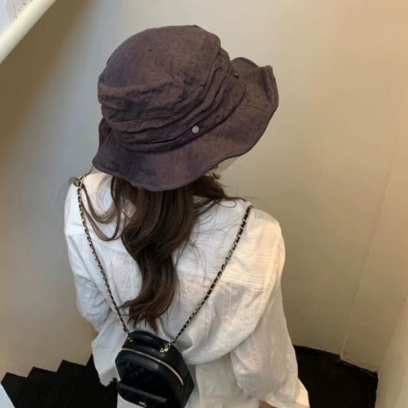 Korea Style Linen Premium Pleated Bucket Hat Designer Japanese Breathable Retro Big Eaves Linen Visor Sun Hat