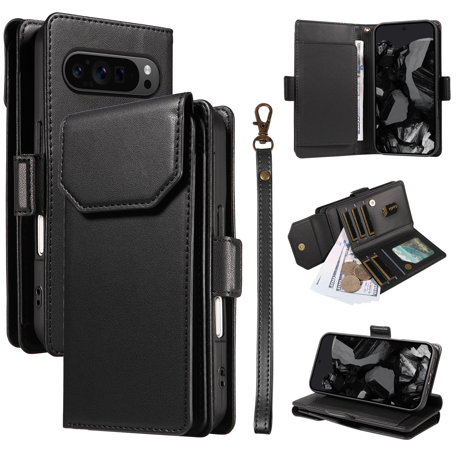 

For Google Pixel 10 Pro/10/9 Pro/9 Case with Multi-Card Holder and Strap PU Leather Phone Cover Stand E