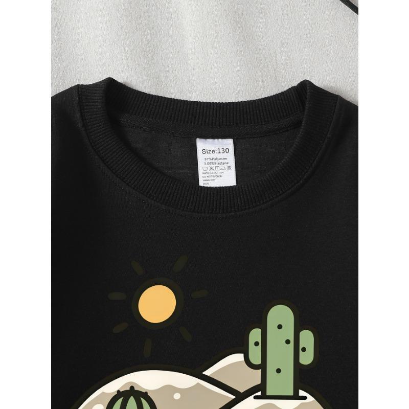 European Sizes Girls' Long-Sleeve Round Neck Sweatshirt "Sunny Day Cactus" Print, Spring/Autumn, Casual, Daily & Sports.