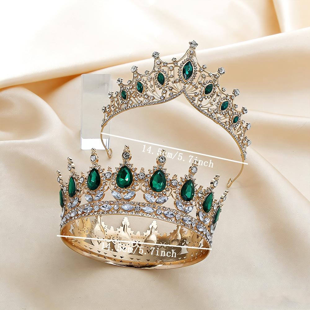 

Baroque Luxury Green Crystal Crown Set 2Pcs Toned Tiara Full Round Crown Gems Clear Rhinestones Perfect Bridal Proms Regal Looks