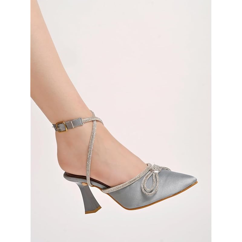 Women S Silver Satin High Heel Sandals Pointed Toe Party Heels With Rhinestone Bow & Ankle Strap Elegant Stilettos For 4 UK серебряный
