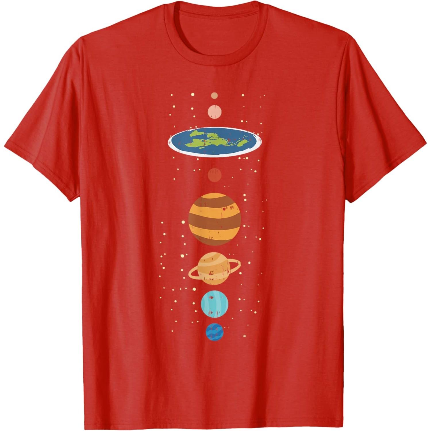 Flat Earth Planets Conspiracy Theory Funny Graphic T-Shirt Casual Cotton Tee S