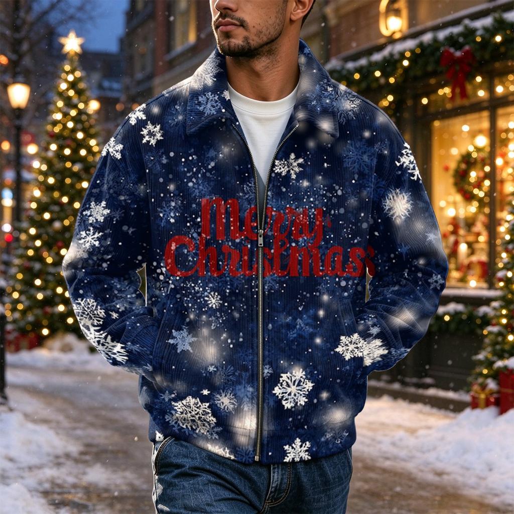 Men's Christmas Print Zip-Up Jacket, Loose Fit Casual Lapel Collar Outerwear for Holiday