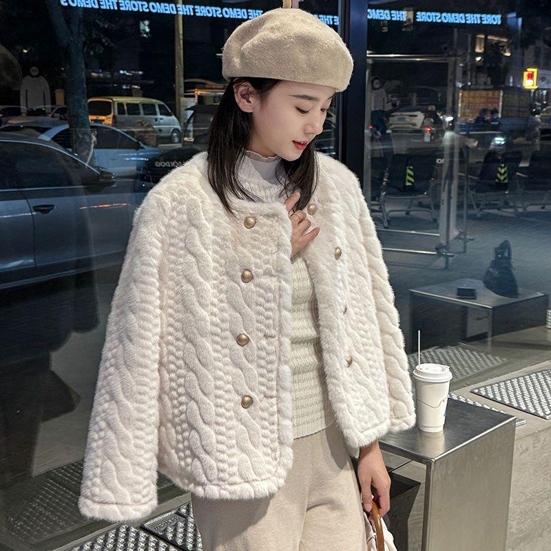 Women's Autumn Winter Short Faux Mink Fur Coat with Cotton Padding Thickened Crew Neck Fluffy Fashionable Outerwear