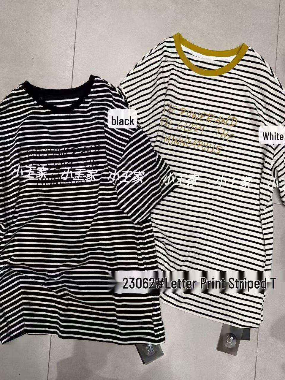 

Xiao Wang s Spring 23062 Korean Plus Size Striped Crew Neck T-shirt One Size