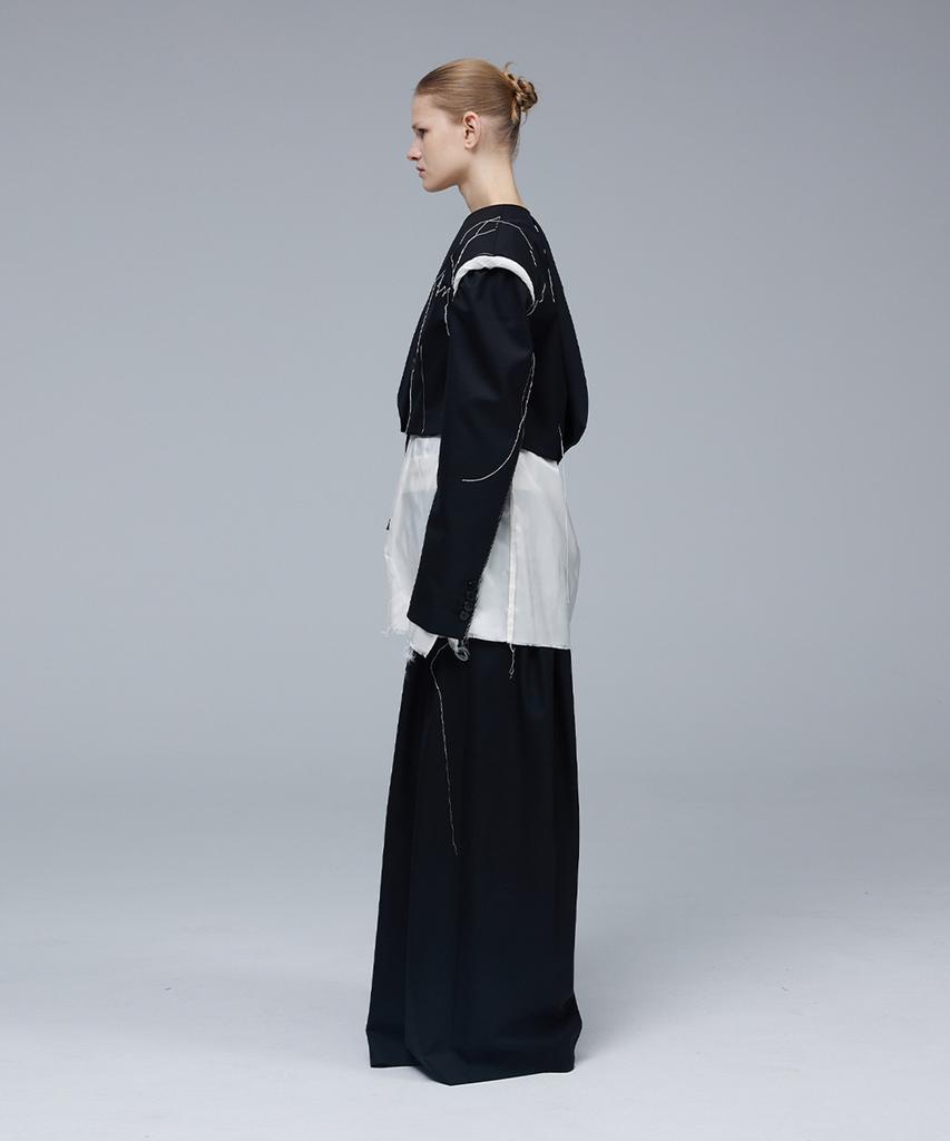Meuameu Signature Unbalance Pin Tuck Logo Band Flare Slacks