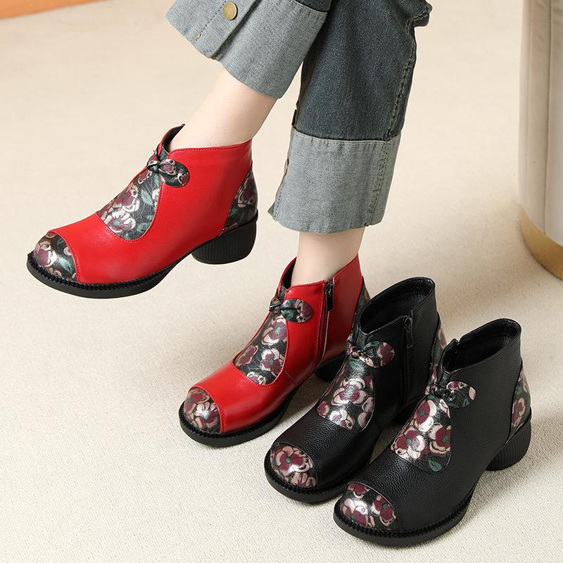 GKTINOO Ethnic Style Mother Shoes Genuine Leather Women's Short Boots  2025 Autumn Winter Round Toe Soft Sole Thick Heels Boots
