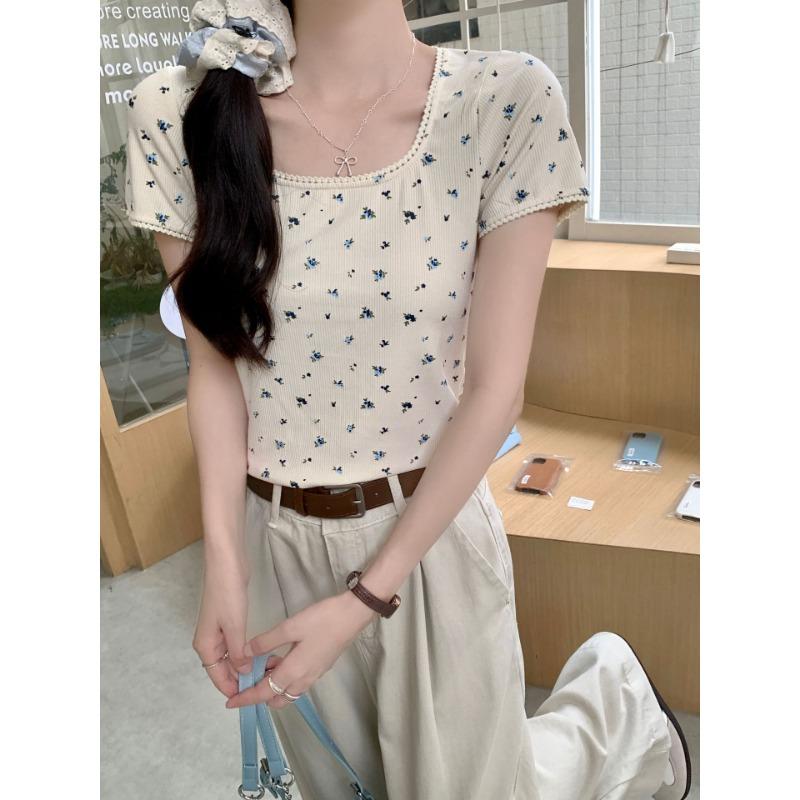 

Универсальная рубашка с квадратным воротником спереди на плечах с цветочным принтом и короткими рукавами, облегающая летняя основа, короткий топ XL белый