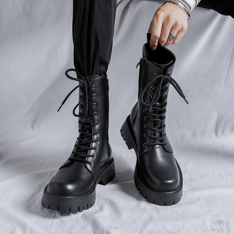 high top motorcycle boots for men fashion lace-up genuine leather shoes spring autumn platform boot handsome long botas zapatos