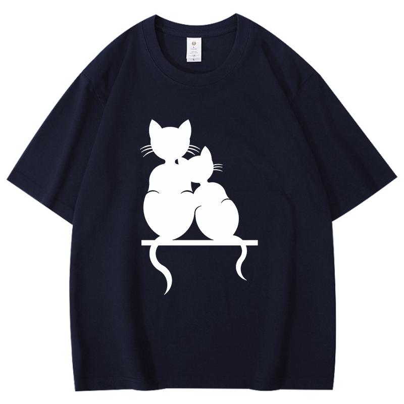 Cat Cuddling Together Pattern Unisex Women Cotton TShirt Fashion Short Sleeve Casual Summer Street Simple Loose Tops Neutral Tees