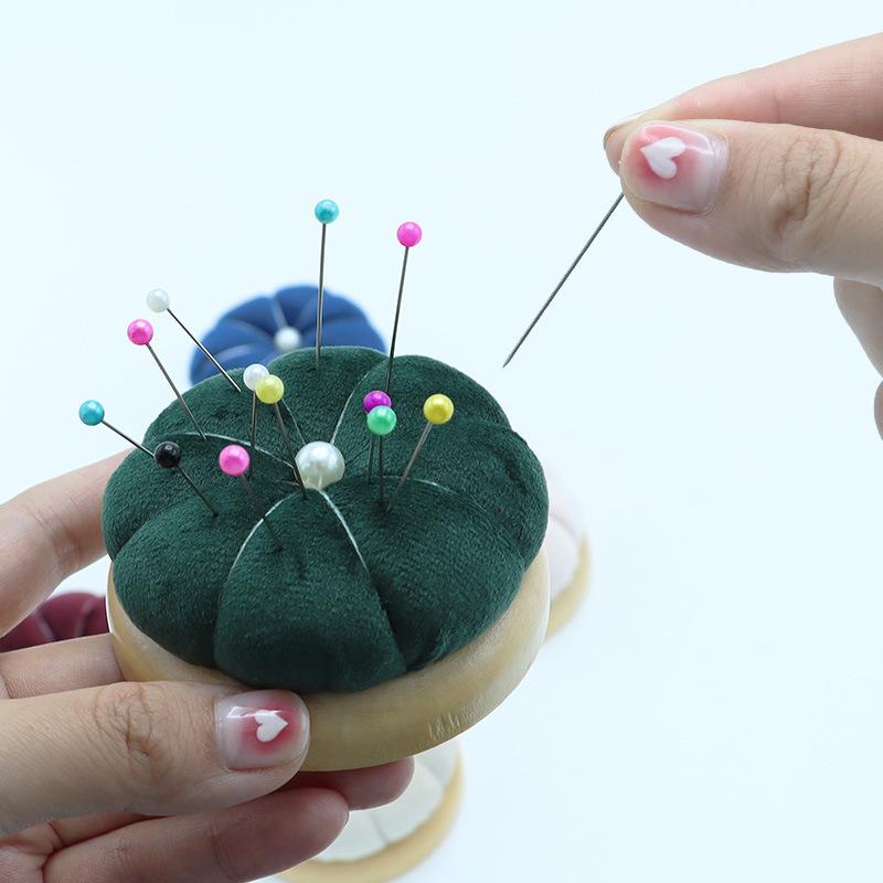 1Pc Wooden Solid Color Pumpkin Shape Pincushions Needle Cushion+100pcs Pearl Head Needle DIY Sewing Crafts