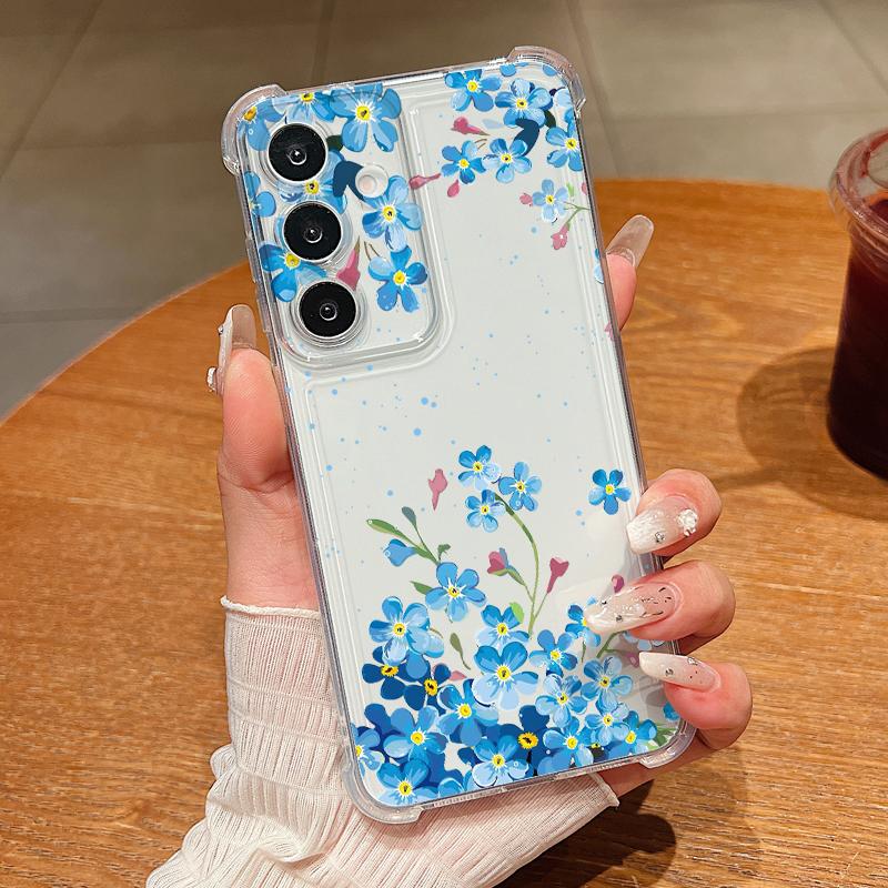 Blue Purple Flower Case For Samsung Galaxy S26 S25 S24 Ultra S23 S22 Plus S21 FE A54 A15 A25 A35 A55 A16 A26 A36 A56 A17 A37 A57 5G Clear Soft Cover