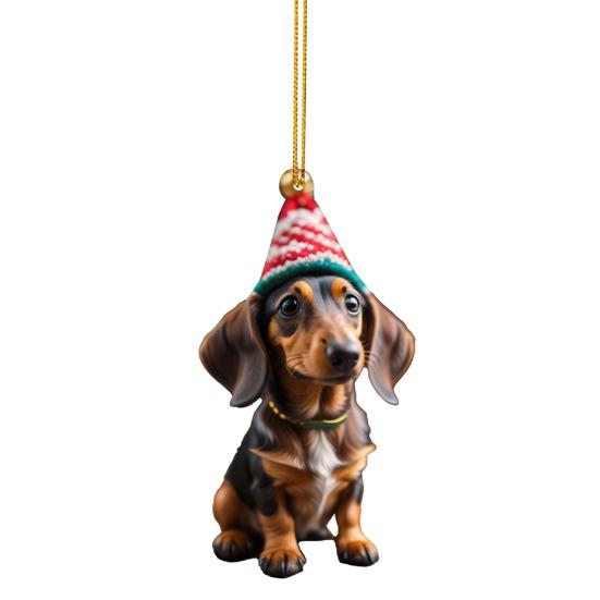 1/7Pcs Christmas Acrylic Dachshund Hanging Decoration Car Rearview Mirror Xmas Tree 2D Flat Santa Hat Dog Hanging Ornament Holiday Party Pendant