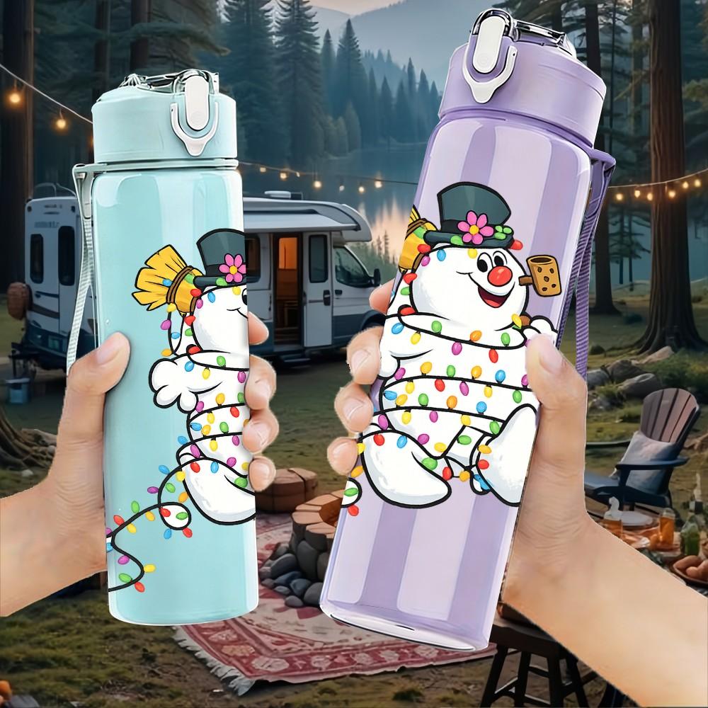 1PC Snowman Winter Cute Cartoon Print 750ml Color Plastic Sports Water Bottle Leakproof Flip Straw Lid Suitable for Sports Office Home Use