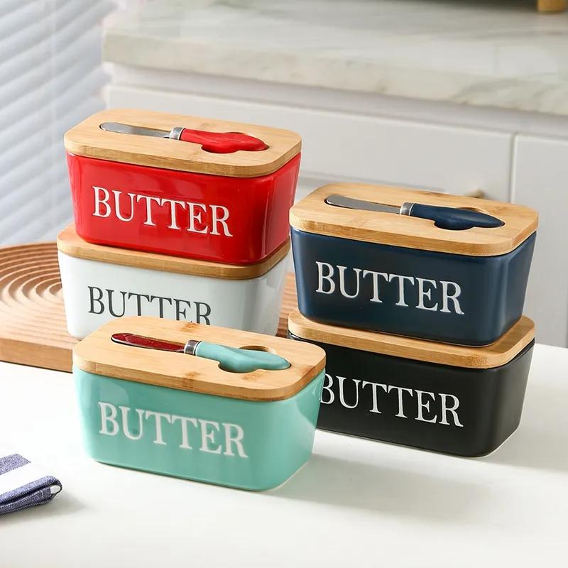 Rectangular Ceramic Butter Box Sealed Jar Butter Box Knife Western Style Household Cheese Box Kitchen Storage Tool YLE33