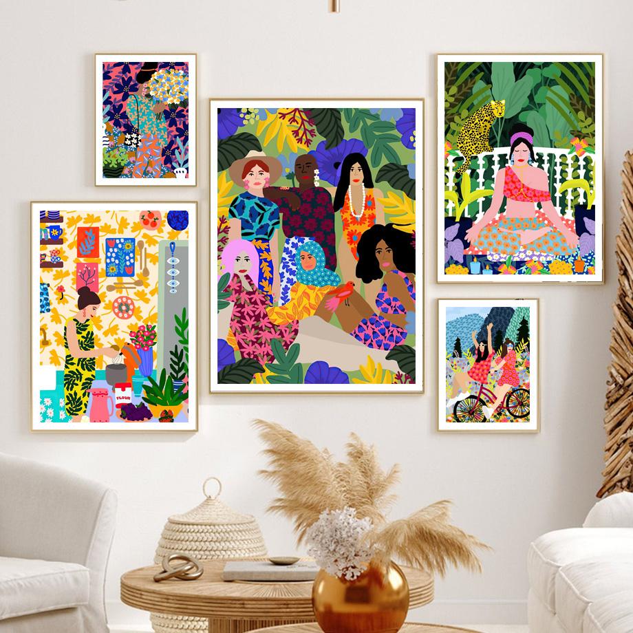 Böhmischen Stil Abstrakte Mädchen Blume Pflanze Nordic Vintage Poster Wand Kunst Drucke Leinwand Malerei Dekor Bilder Für Wohnzimmer