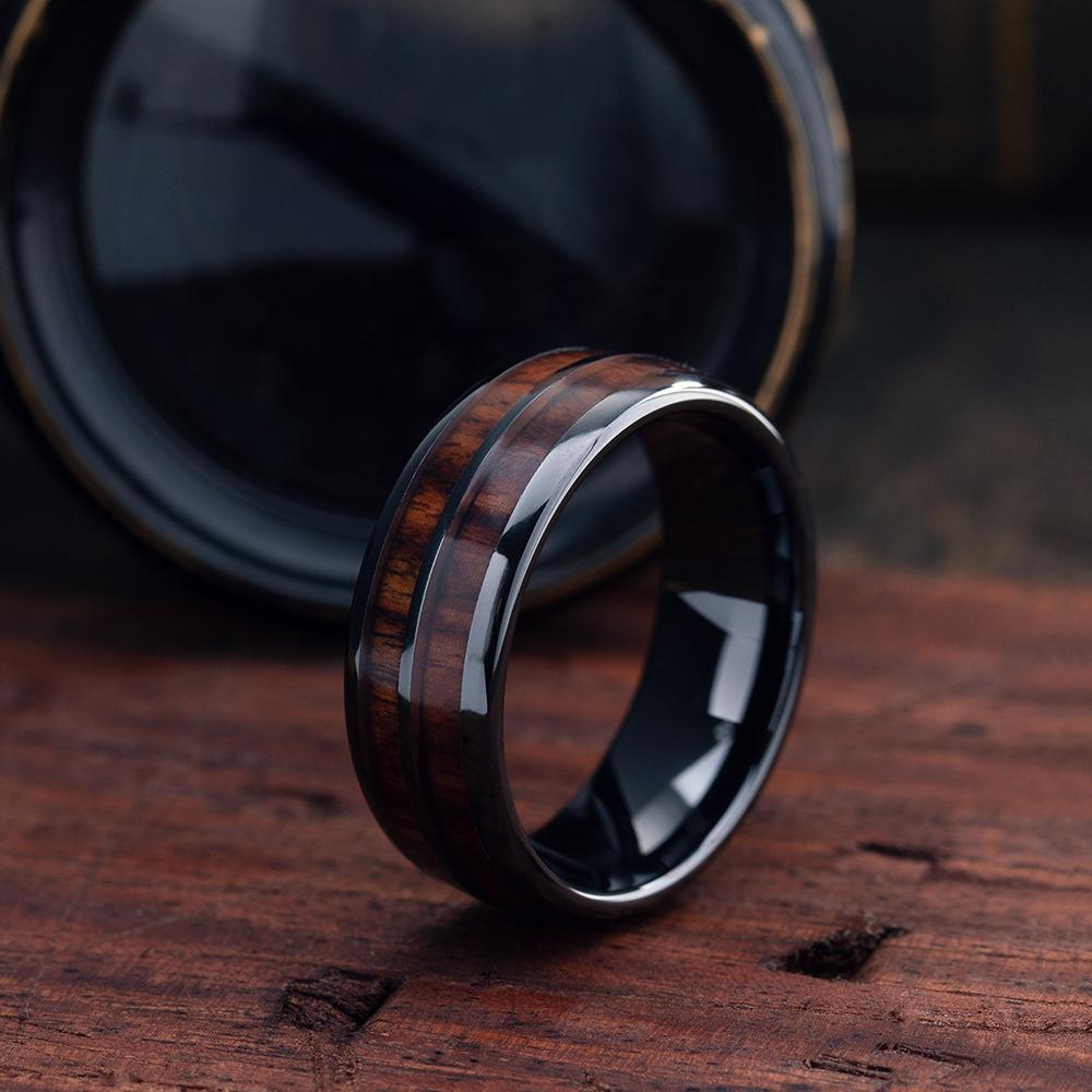 Luksus menn 8mm koa tre innlegg titan giftering for menn kvinner Dome polert rustfritt stål forlovelsesring menn bryllup band