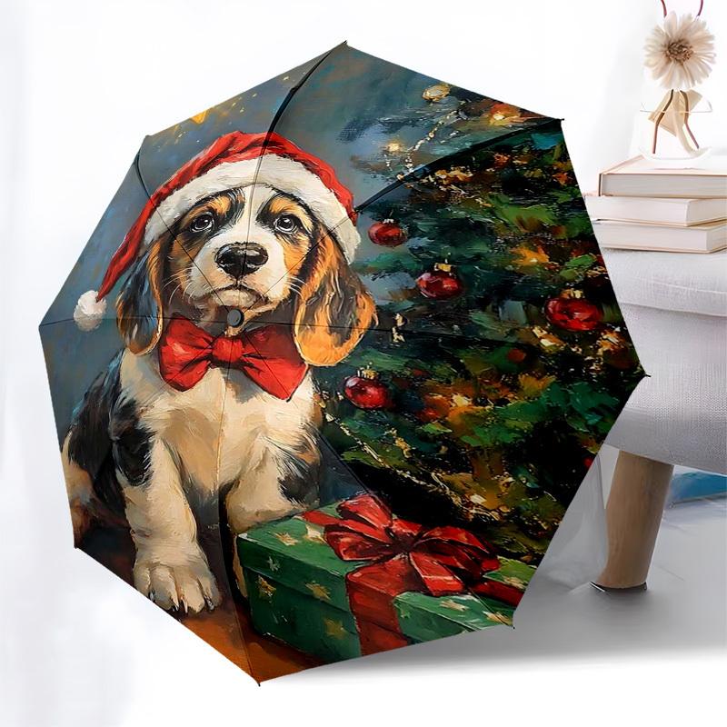 

1pc Christmas Santa Hat Dog with Bow Tie, Festive Gift for Fans, Travelers, Daily Use, Auto Open Close Umbrella, Portable 3-Fold Design, 8-Bone Iron F