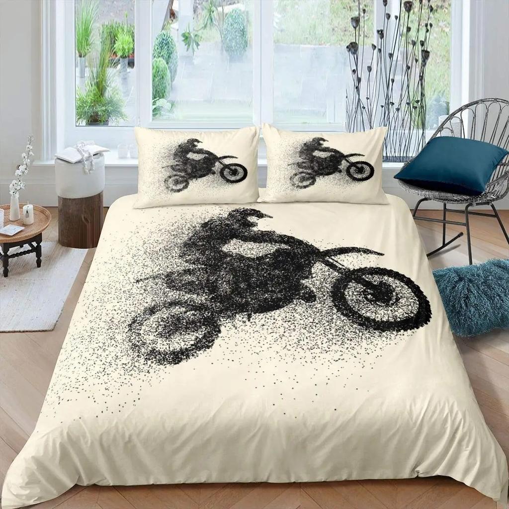 3D Motocross Duvet Cover King Size Microfiber Red Black Dirt Bike Extreme Sports Motorcycle Bedding Set