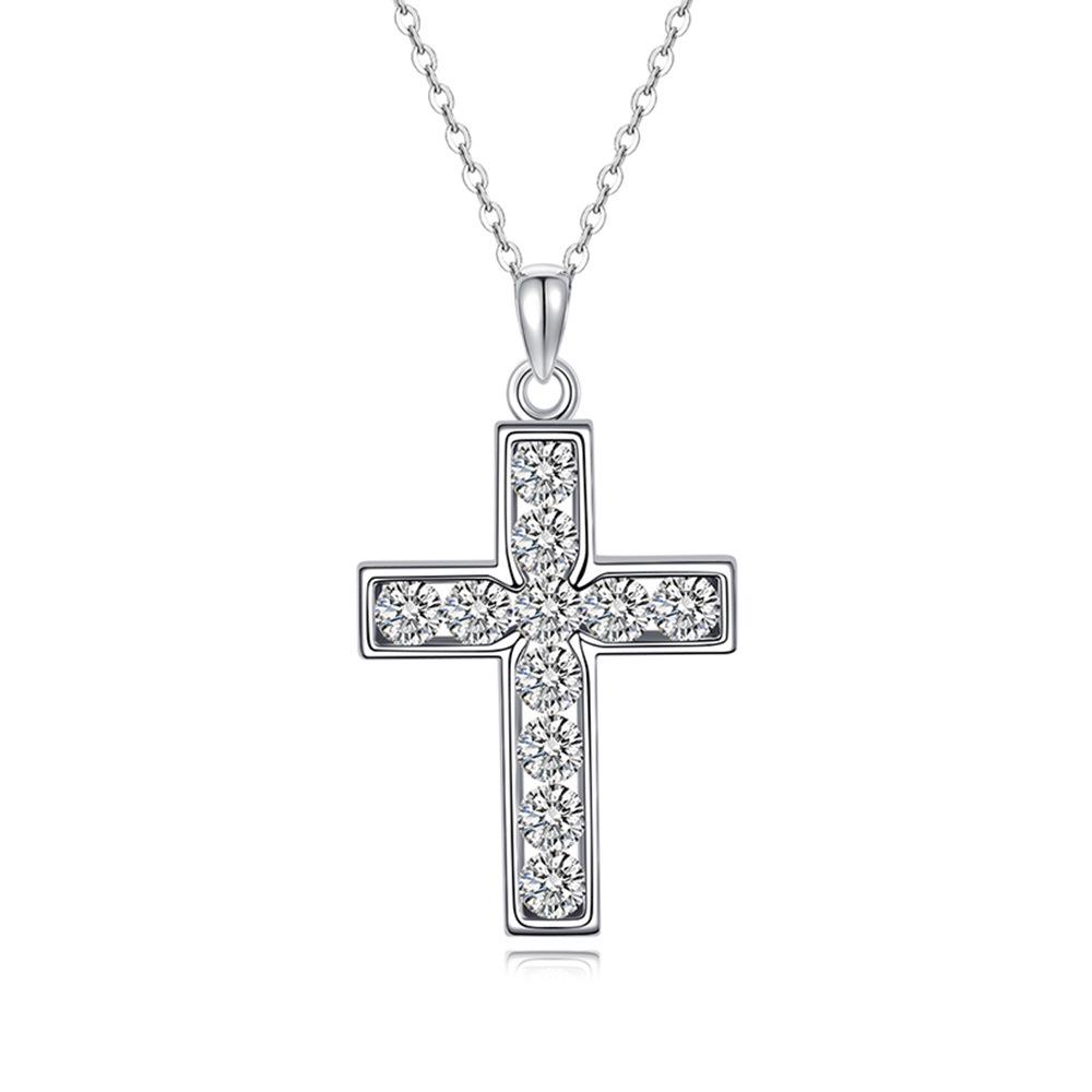Sterling Silver Moissanite Cross Necklace - French Design Women s Clavicle Pendant