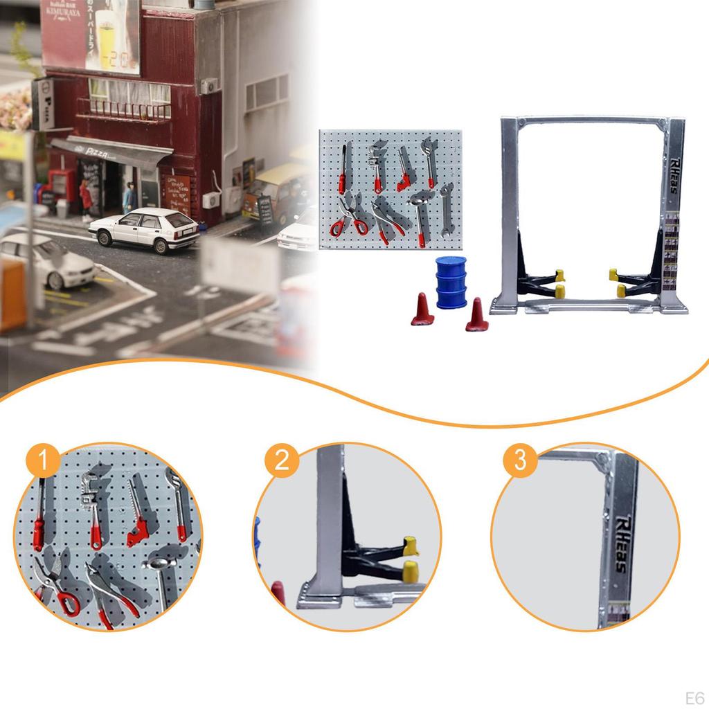 1/64 Diorama Car Garage Maintenance Tools Architecture Model Realistic Traffic Cones Lift Gantry