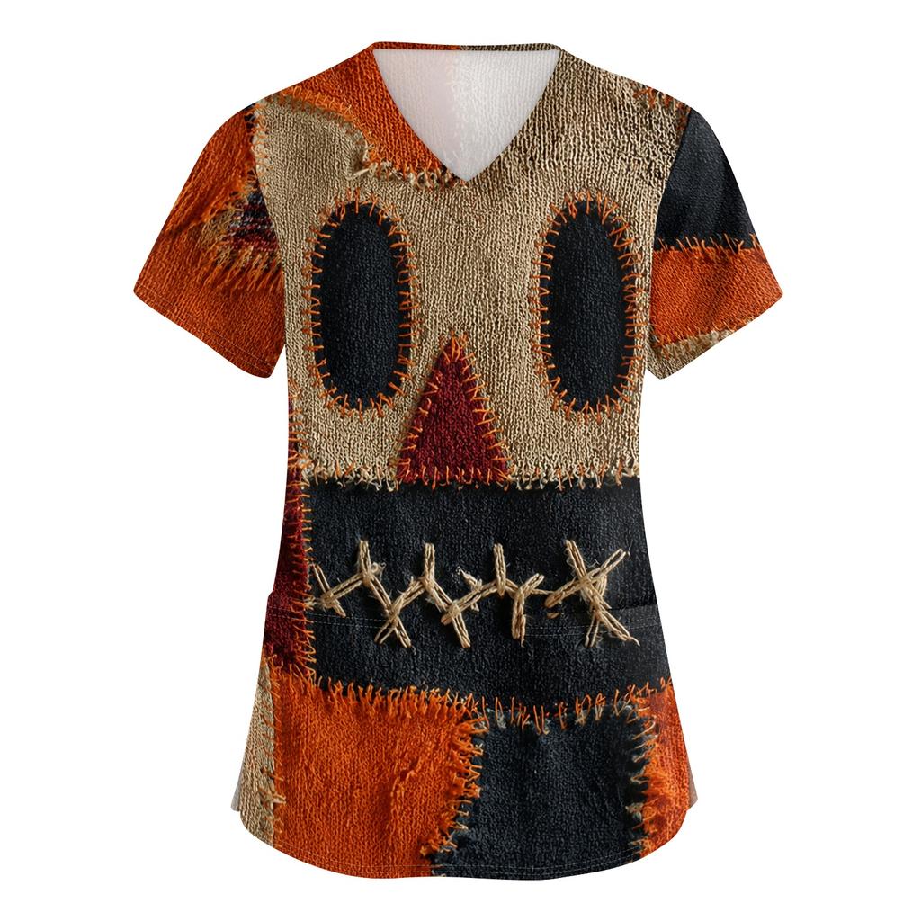 Women V Neck Halloween Print Short Sleeve Medical Scrub Top with Pocket Side Slit Workwear Uniform Shirt for Healthcare Professionals
