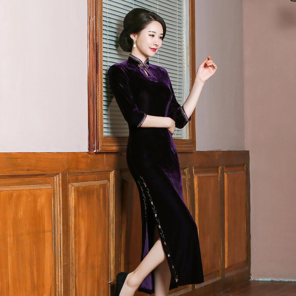 Brand Velvet Plus Size Cheongsam Evening Dress for Middle-Aged Women - Wedding & Banquet
