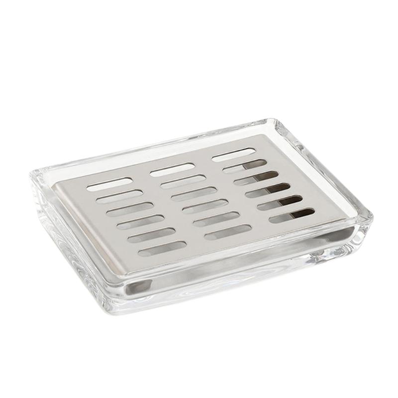 Bathroom Sink Glass Soap Dish with Metal Drain Tray, Freestanding Rectangular Design for Countertop Wash Area Use