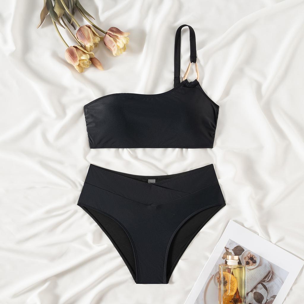Solid One Shoulder Low Waist Sexy Bikini Set Elegant Comfortable Two Piece Swimwear