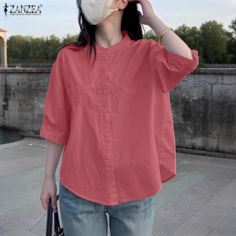 ZANZEA Women Casual Stand Collar Solid Color Half Sleeve Blouse