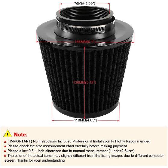 Black 3" Inlet High Flow Clamp-On Cold Air Intake Filter Cleaner 76Mm Cone Replacement Dry Air Filter
