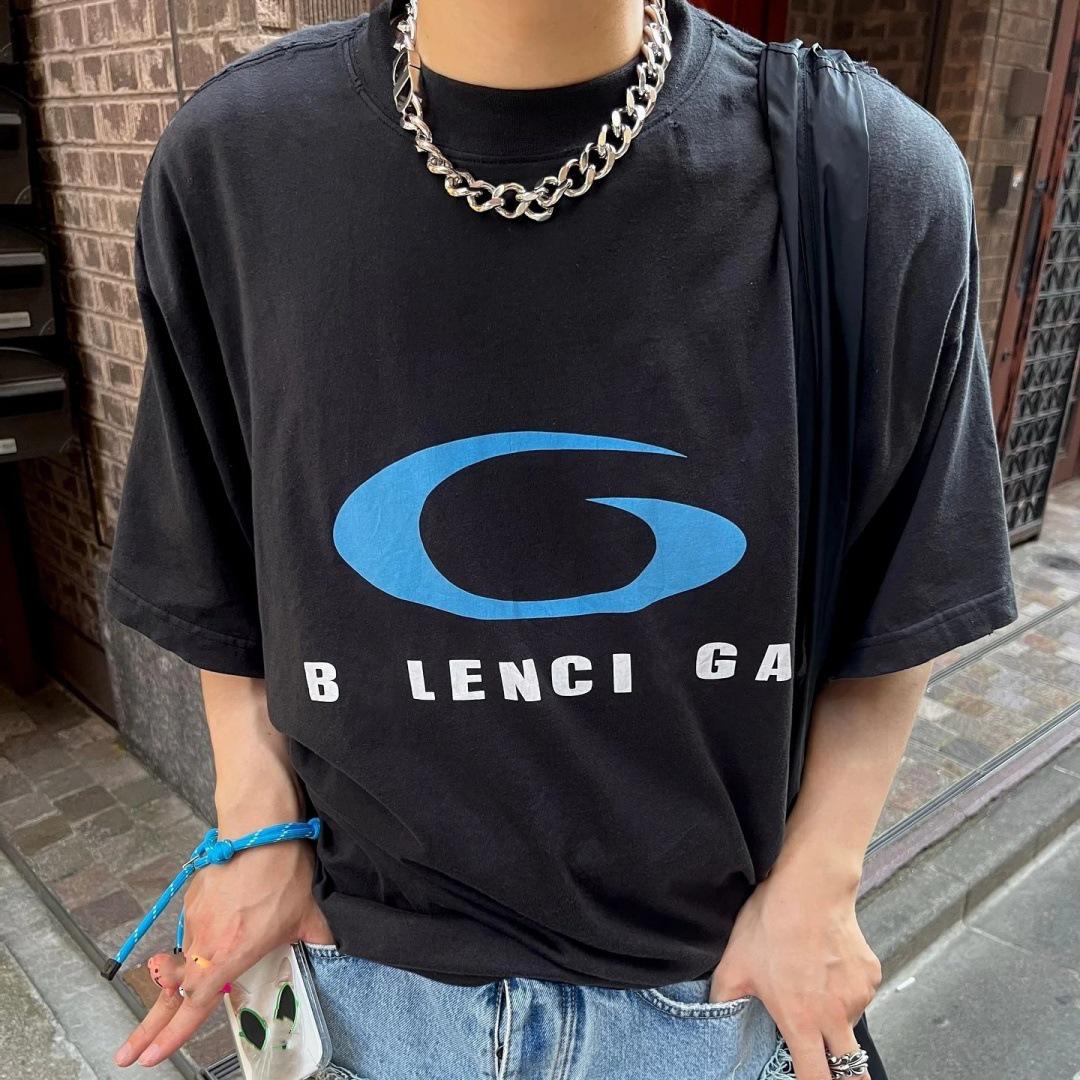 

2025 Summer New B Brand Paris Letter Distressed Washed T-Shirt Unisex Large