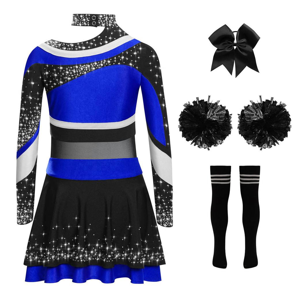 Girls Cheerleading Costume Set Long Sleeve Rhinestone Letter Print Color Block Top Skirt Bowknot Headband Striped Socks Pom Poms