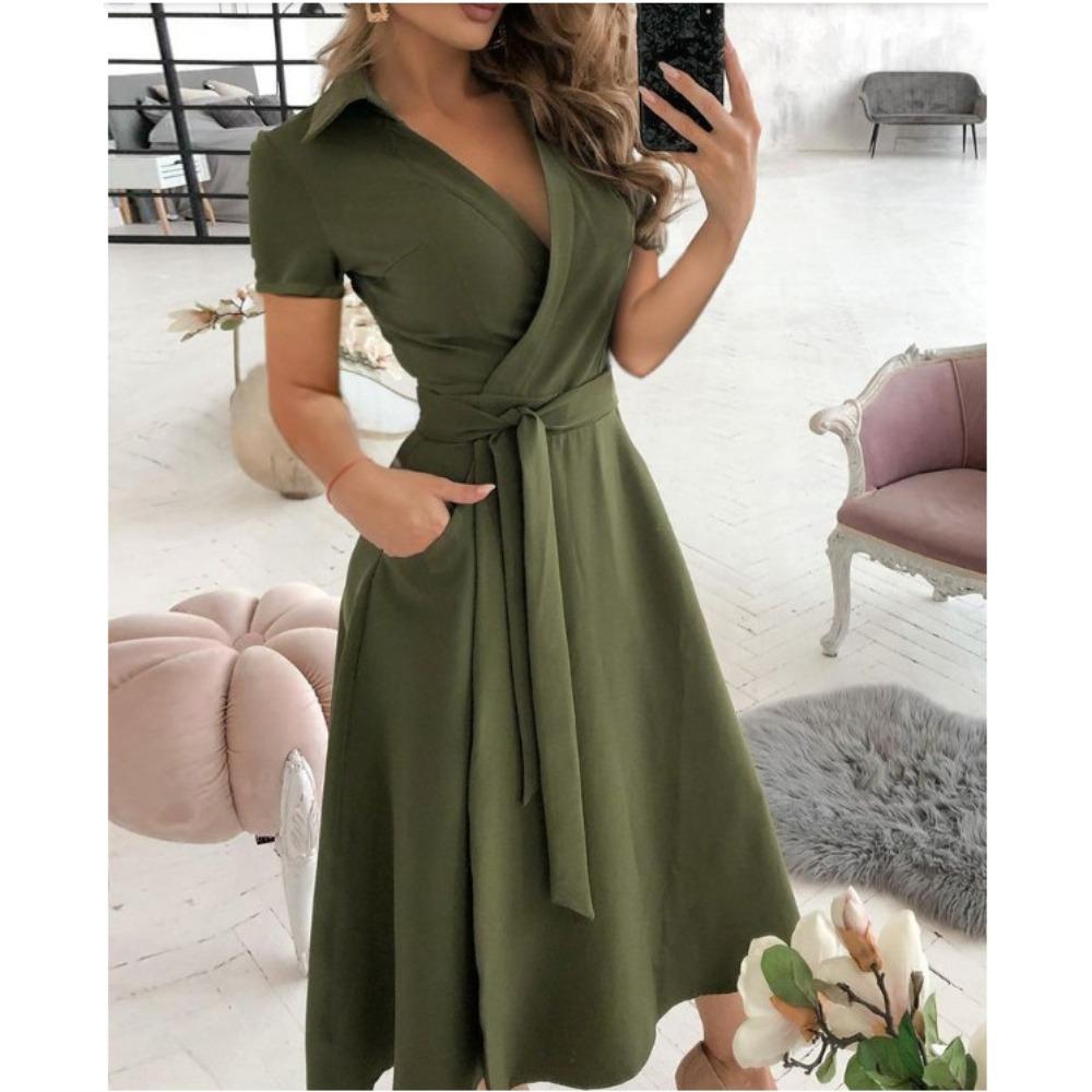 HNXC Women's Fashion Summer Spring Solid Color Print Short Sleeve V-Neck Casual Dresses