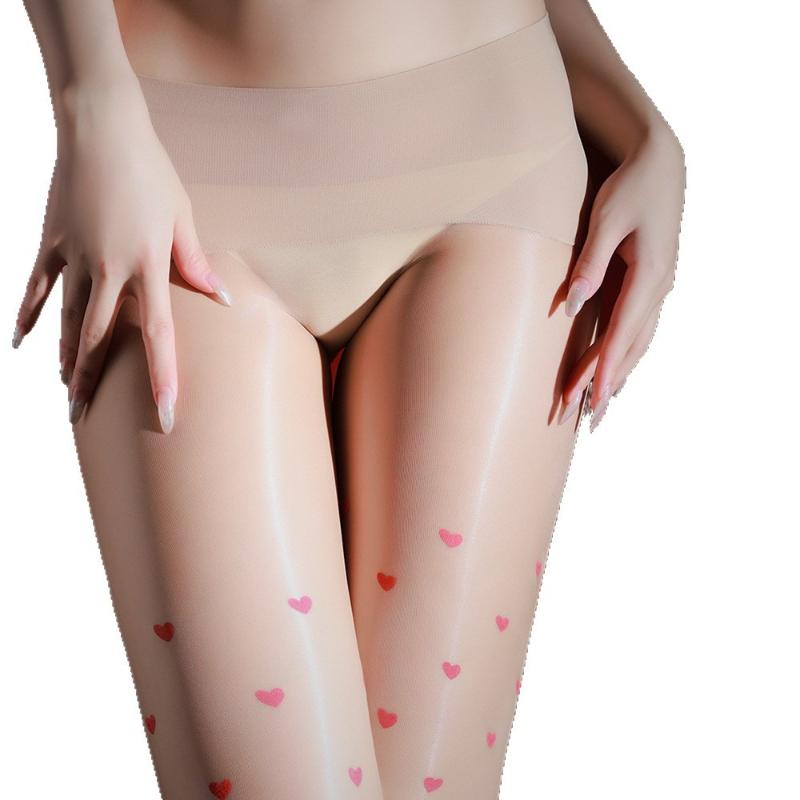 Stockings Women Heart Printing 360 Seamless Aurora 1D Ultra-Thin Pantyhose Sexy Open Crotch Oil Shiny Glossy Silky Sockings